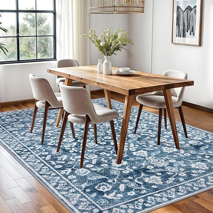 Vintage Area Rug 6x9, Blue and White Non-Slip Soft Area Rug Living Room Thin Printed Faux Wool Floor Super Soft Carpet Throw Rugs for Bedroom Dining Room Playroom Indoor Office