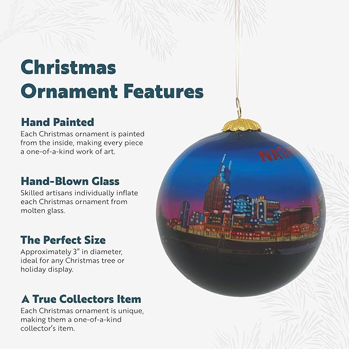 Hand Painted Christmas Ornament, Blown Glass, Hanging Tree Ornament, Holiday Decor, Nashville Tennessee, Skyline Night