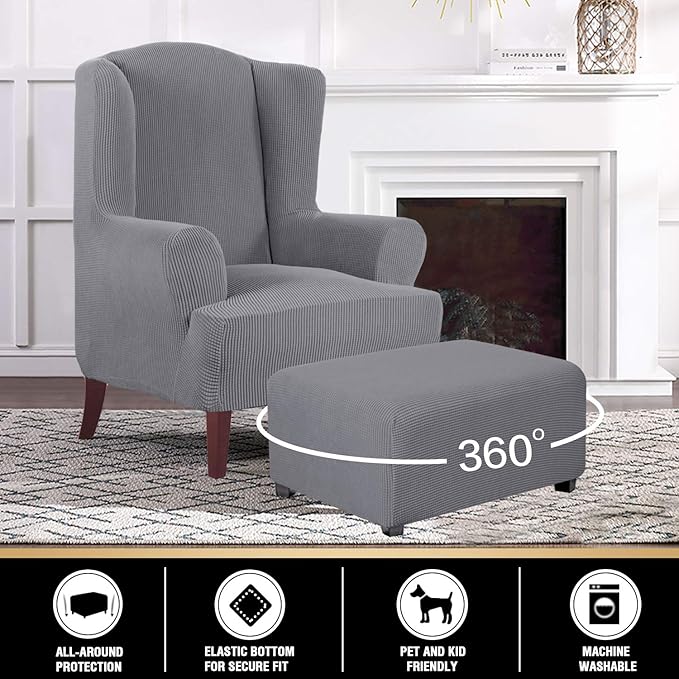 Stretch Ottoman Cover Ottoman Slipcovers Rectangle for Living Room Foot Stool Stretch Covers to Fit Ottoman Foot Rest, Thick Checked Jacquard Fabric with Elastic Bottom (Oversized Ottoman, Dove)