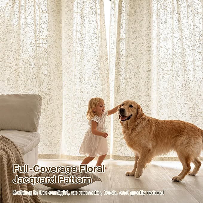 Anmao Taupe Semi Sheer Light Filtering Curtains 90 Inches Long 2 Panels, Leaf Pattern Drapes for Living Room Bedroom, Rod Pocket Sheer Window Treatments with Floral Design, 52x90 Inch