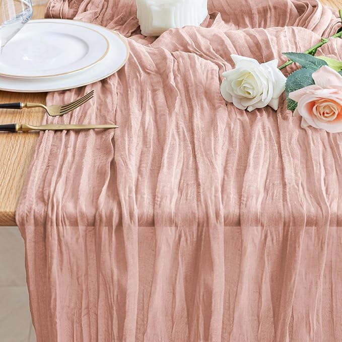 Wokceer Cheesecloth Table Runner Valentine's Day Dusty Pink 10FT Boho Gauze Wedding Cheese Cloth Table Runner for Party 120 Inches Long Easter Rustic Sheer Runners for Baby Bridal Shower Decor