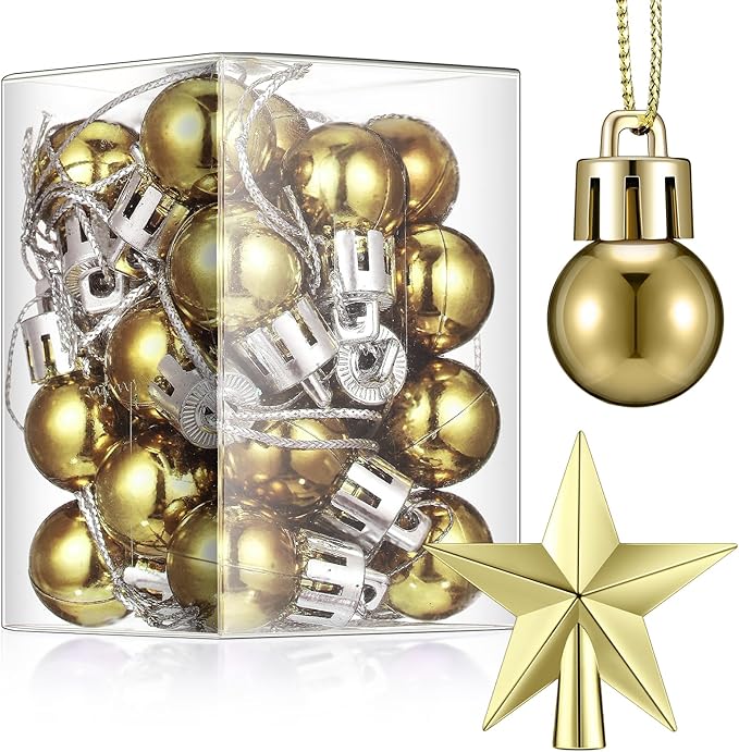25 Pcs Christmas Balls Ornaments Set Mini Tree Decoration 0. 79 Inch Christmas Ball Tree Topper Star Hanging Ornaments for Party Decoration(Gold)