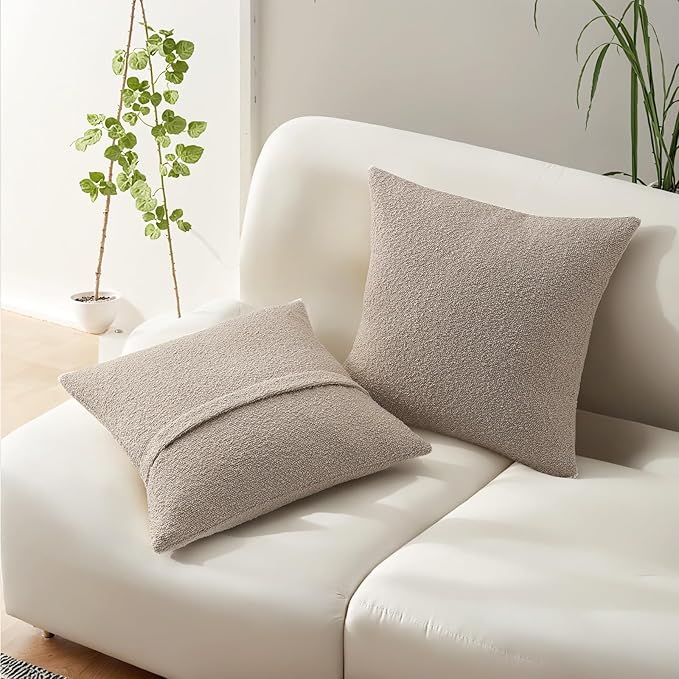 HAUSSY Set of 2 20x20 Decorative Throw Pillow Covers, Soft Cozy Textured Boucle Couch Cases, Home Decor for Couch Bed Living Room, Oatmeal