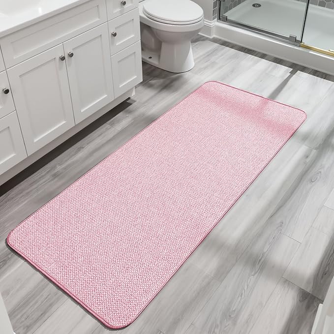 Bath Mat,Ultra Thin Bathroom Runner Rugs,Large Bath Mats for Bathroom,Quick Dry,Non-Slip,Machine Washable,Low Pile,Bath Rug,Shower Outside,Sink,Home Decor Accessories.Pink,1'5"x4'11"（17x59inch）
