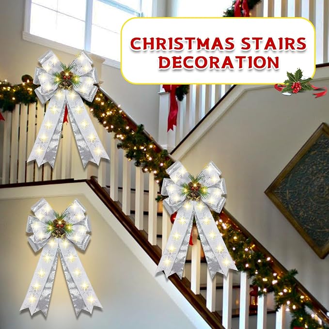 2 Pcs Pre-Light Christmas Decorative Bows for Wreath, 20 X 12” Large Christmas Tree Topper Bow with Bells, Berry, Pine Cones, 40 LED Silver Snowflake Ornament Bow for Indoor/Outdoor- White