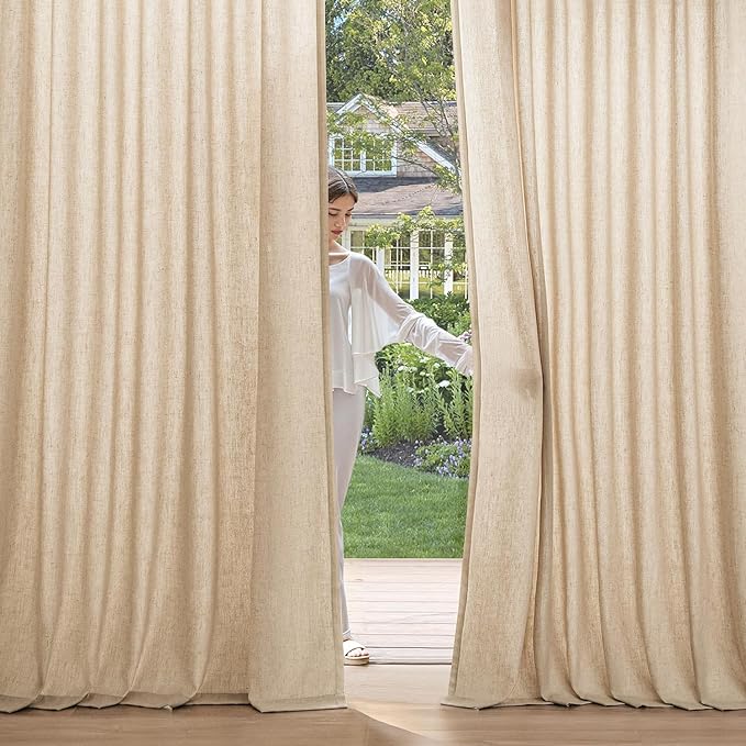 MIULEE Non-See-Through Privacy Linen Curtains 2 Panels, Light Filtering Window Curtains Farnhouse Textured Back Tab Semi Sheer Drapes for Bedroom Living Room, 52 x 84 Inches Long, Light Brown