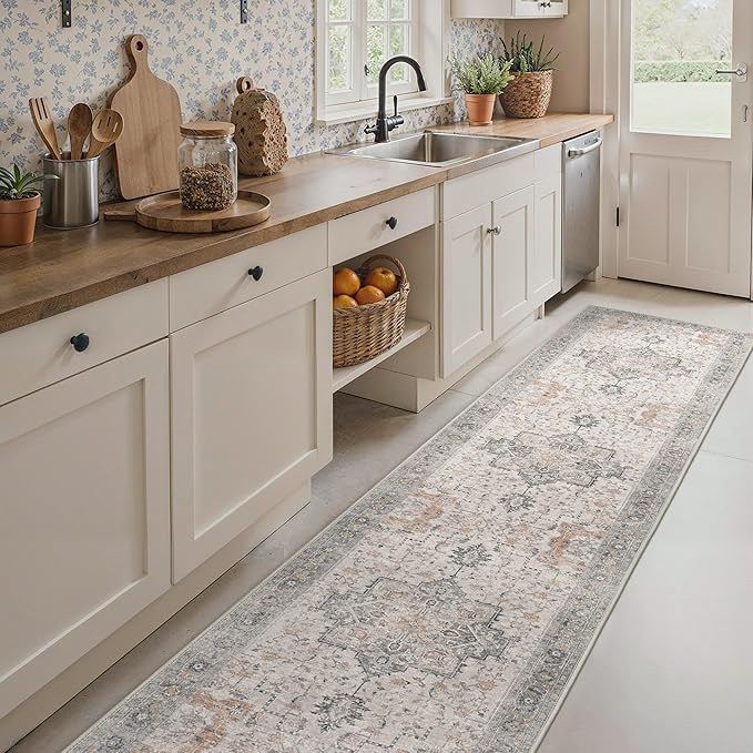 Runner Rug 2'6''x12, Non Slip Vintage Hallway Runner Rugs, Low Pile Lightweight Machine Washable Mat for Hallway, Entryway, Bedroom, Kitchen and Corridor, Light Taupe Brown