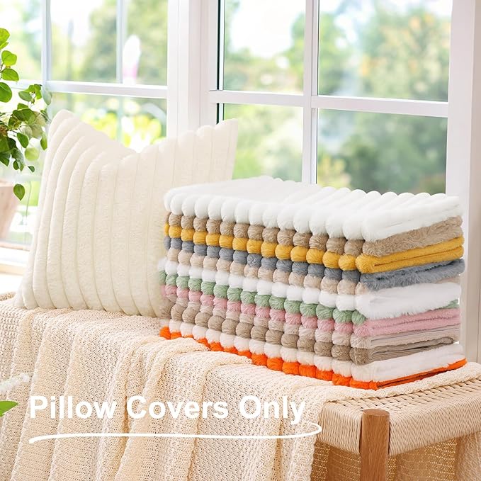 decorUhome Faux Fur Christmas Throw Pillow Covers 16x16 Set of 2, Decorative Soft Plush Striped Neutral Couch Euro Pillow Covers with Velvet Back for Sofa, Bed, Living Room Home Decor, Khaki Brown
