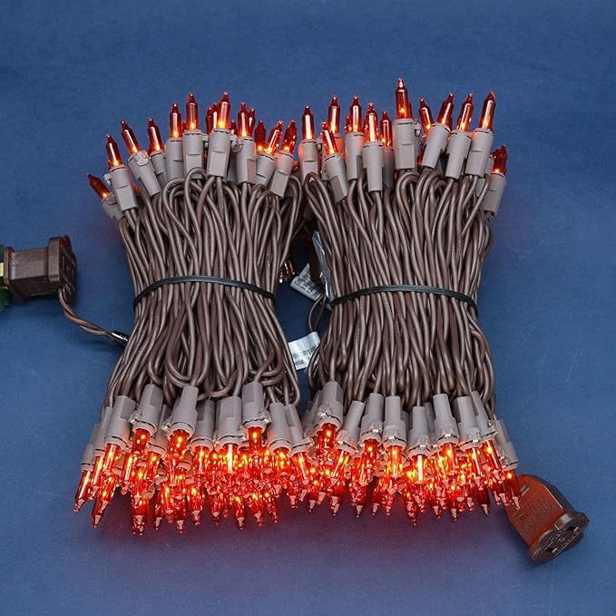 200 Count Orange Christmas Lights, Pack of 2 Strands 100 Count 33 ft Brown Wire UL Listed Halloween String Light (Orange)