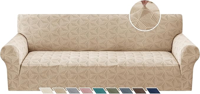 YEMYHOM 1 Piece Stretch Oversized Couch Covers for 4 Seat, Jacquard Extra Large Sofa Cover with Non-Slip Elastic Bottom, Thickened Slipcover Furniture Protector for Dogs Pets (X-Large, Khaki）