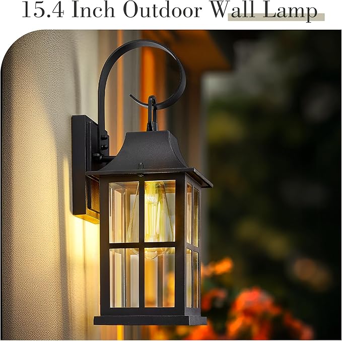Emliviar Outdoor Porch Light Wall Mount, 15.4 Inch Patio Wall Light Fixture in Black Finish, Outside Light with Clear Glass for Garage, YXE306B BK