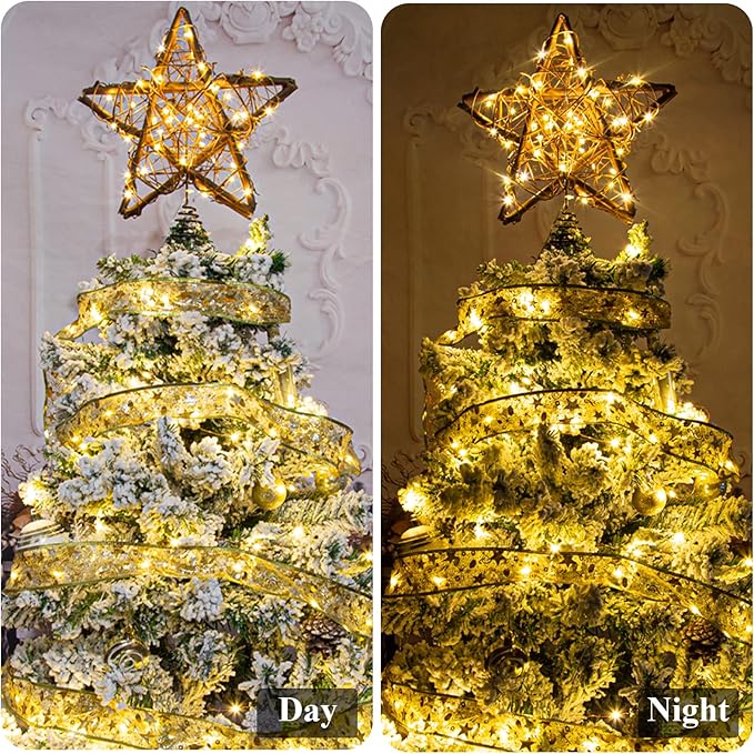 Rattan Natural Star Christmas Tree Topper - Rustic Farmhouse Xmas Treetop with 50 Warm LED Lights for Indoor Christmas Tree Decorations Holiday Seasonal Decor