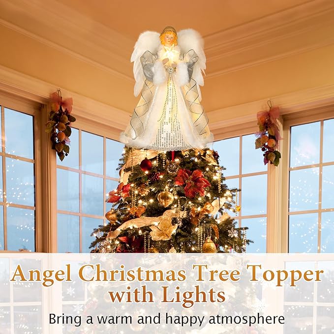 HMASYO Christmas Tree Topper Angel with Timer Lights, 12" Angel Tree Toppers with White Feather Wings, Star Light, Remote Control and USB Power Xmas Treetop Decor for Indoor Office Holiday Party