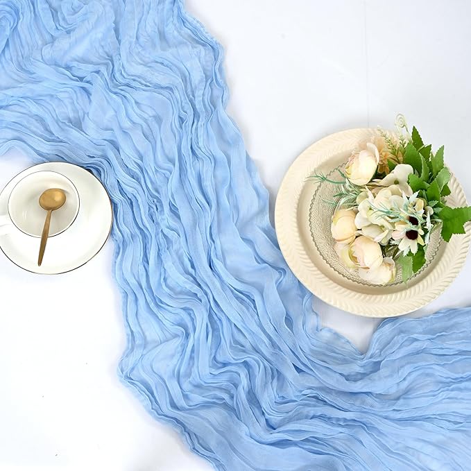 25 Pack Light Blue Cheesecloth Table Runner 17 x 108 Inch Fall Thanksgiving Boho Rustic Farmhouse Gauze Cheese Cloth Runner for Wedding Party Baby Shower Home Decor Holiday Decorations