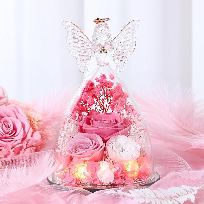 Christmas Rose Gifts for Women Preserved Real Flower in Glass Angel Figurines Roses for Delivery Prime Birthday Gifts for Mom Grandma Girlfriend Wife Her,Pink Austin Roses