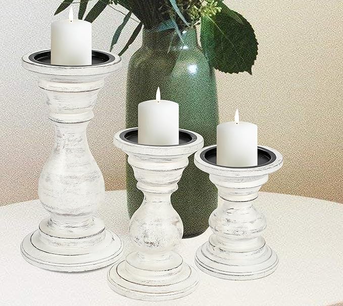 Candle Holder Stand Wooden, Pillar Candle Holder, Unity Candle Holders, Rounded Turned Colums, Country Style Ideal for Gift, Wedding, Christmas, Party, Home - 10,8,6 Inch- Set of 3 -Antique White