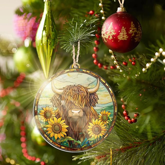 GEEMBI Christmas Highland Cow Gifts for Women Men - Suncatcher Ornaments for Tree 2025 - Highland Cow Ornaments for Christmas Tree, Animal Lover Gifts for Mom Dad, Farmhouse Decor Xmas Decorations