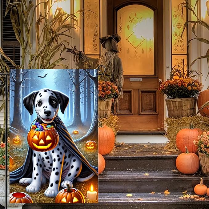 Halloween Dog Garden Flag 12x18 Inch Dalmatian Tia Pumpkin Candy Basket Fall Yard Flag Double Sided Trick or Treat Banner for Porch Lawn Outdoor Holiday Halloween Decoration