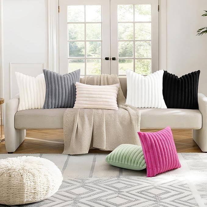 decorUhome Faux Fur Christmas Throw Pillow Covers 22x22 Set of 2, Decorative Soft Plush Striped Neutral Couch Euro Pillow Covers with Velvet Back for Sofa, Bed, Living Room Home Decor, Hot Pink