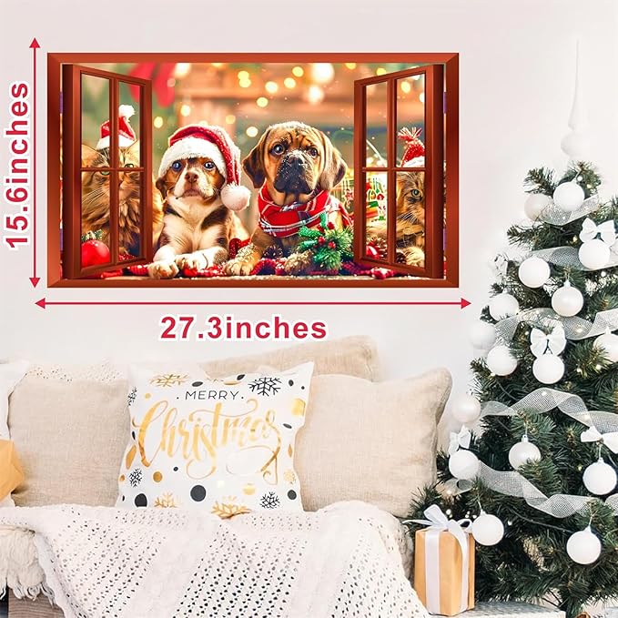 Christmas Dog Wall Stickers Decor 3D Fake Window Wall Decal Mural Christmas Cat Xmas Puppy Dog Decals Holiday Wall Sticker Animal Fake Window Wall Stickers Party Decorations