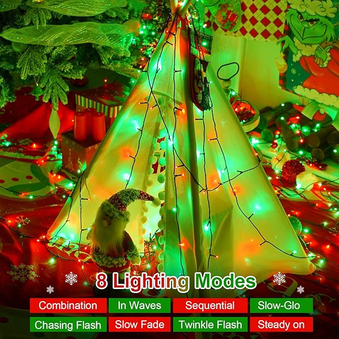 QITONG 165ft 500 LED Red and Green Christmas Lights, 8 Modes Christmas String Lights Outdoor Waterproof, Green Wire Christmas Tree Lights Plug in Indoor
