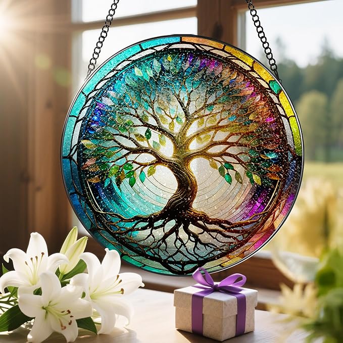 Stained Glass Window Hanging, LAOWEIKI 8'' Tree of Life Suncatcher, Stained Glass Ornament, Suncatchers for Windows Hanging, Window Decor, Outdoor or Indoor, Gifts for Mom, Grandma, Wife, Family