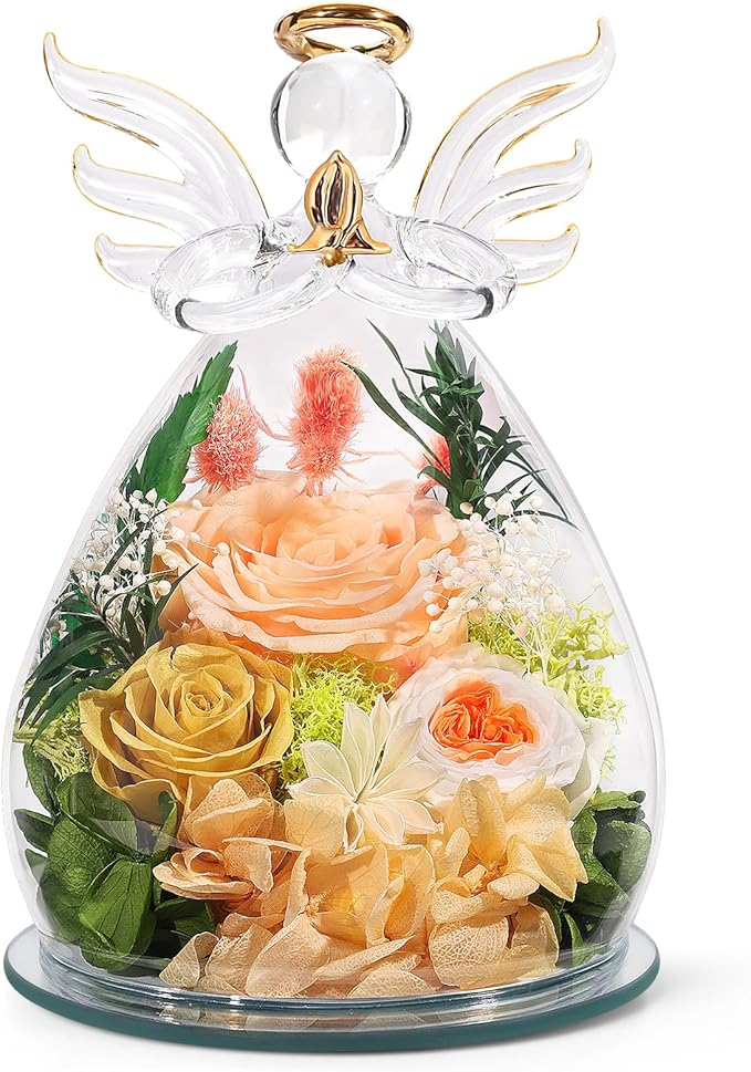 FIACO Gifts for Women Birthday Christmas Preserved Rose Forever Flower in Glass Angel Figurines Fresh Flowers for Delivery for Mom Real Colorful Roses for Grandma Wife Her from Daughter