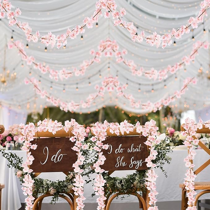 Sggvecsy Cherry Blossom Garland Artificial Cherry Flower Vines 8 Pack Hanging Silk Flowers Garland for Home Wedding Garden Party Arch Office Decor (Pink)