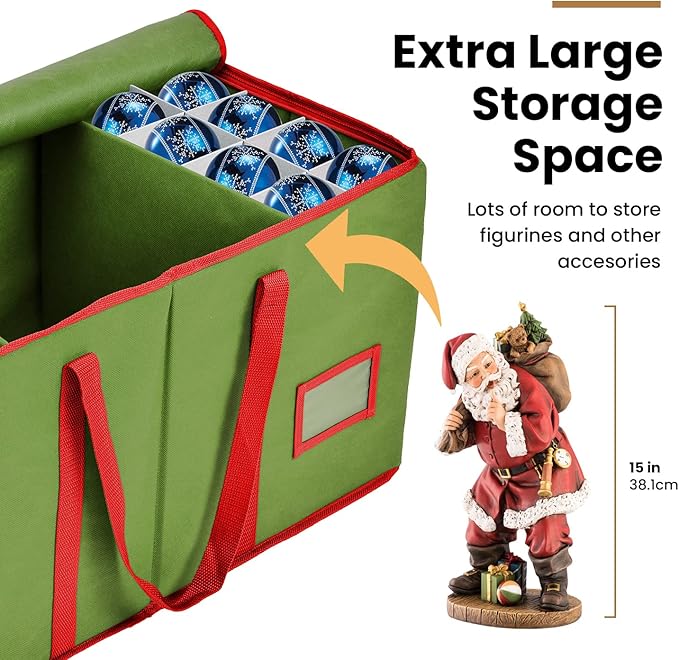 Holiday Cheer Premium Christmas Ornament Storage – Christmas Storage Container Perfect for Holiday Decorations and Ornament Storage Box – Fits 128 Holiday Ornaments – Tear-Proof Fabric