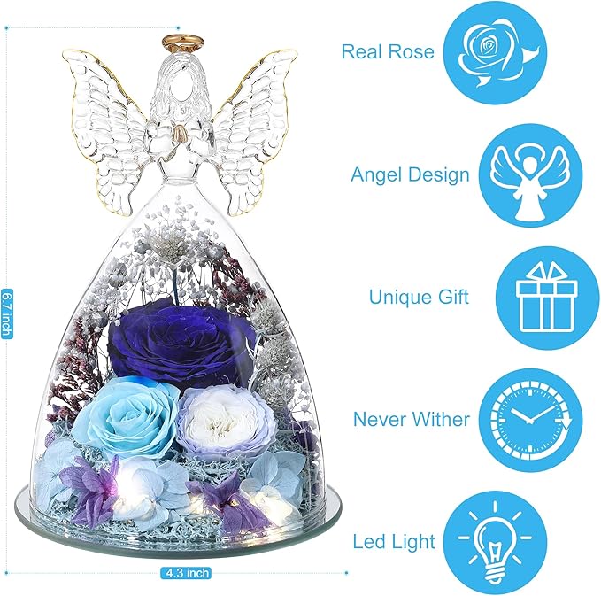 Christmas Rose Gifts for Women Preserved Real Flower in Glass Angel Figurines Roses for Delivery Prime Birthday Gifts for Mom Grandma Girlfriend Wife Her,Blue Austin Roses