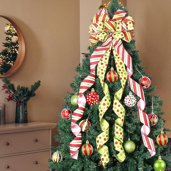 Christmas Tree Topper Wreath Bow Large Green Christmas Bow Tree Topper with Red Green Dot Patterned Gift Bows for Xmas Ornament Holiday Home Thanksgiving Indoor/Outdoor Decoration 52"x13"