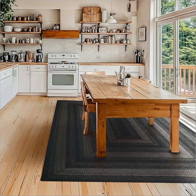 Homespice Jet Black Braided Rugs 6x9' – Primitive Style Large Black Area Rug for Bedroom