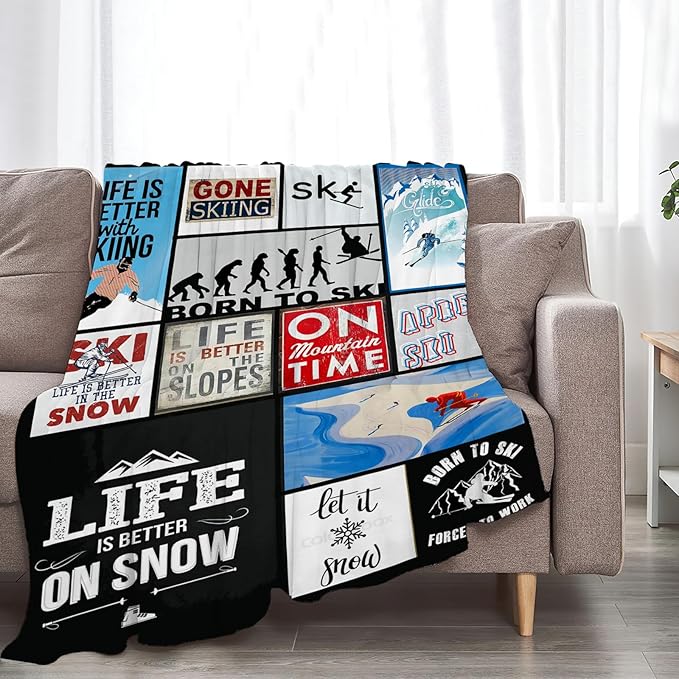 Tijuboni Ski Throw Blanket Skiing Gifts for Girls Boys Women Men Kids Adults Soft Flannel Fleece Blanket for Couch Sofa Bed Home Decor 50"x60"