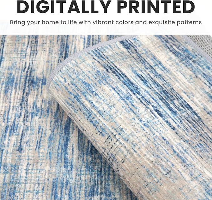Modern Abstract 2x3 Rugs for Entryway Blue Beige Washable Small Area Rug Non-Slip Ultra Thin Soft Print Striped Low-Pile Indoor Door Mat Floor Carpet for Entrance, Bedroom, Bathroom