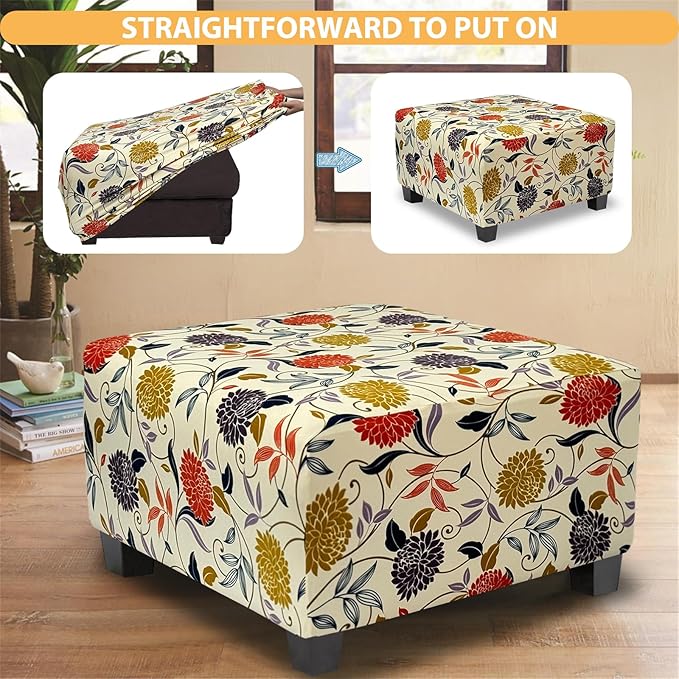 Ottoman Cover Square Slipcovers Printed,Stretch Footrest Stool Cover for Ottoman Square,Soft Foot Stool Cover Protector with Nonslip Elastic Bottom (Medium,Flower B)