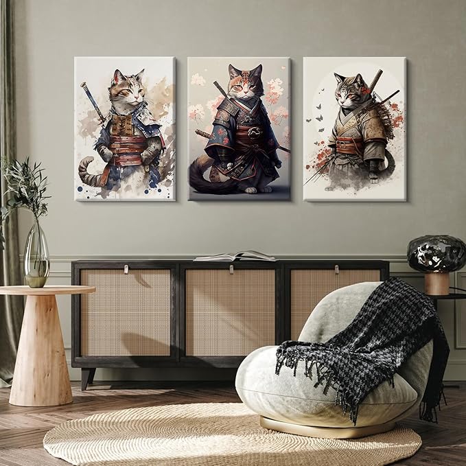 Japanese Cat Wall Art Poster Samurai Cat Canvas Wall Decor Japanese Anime Painting Asian Wall Art Funny Prints Black Cat Pictures Vintage Artwork for Living Room Bedroom 12x16x3 Inch Ready to Hang