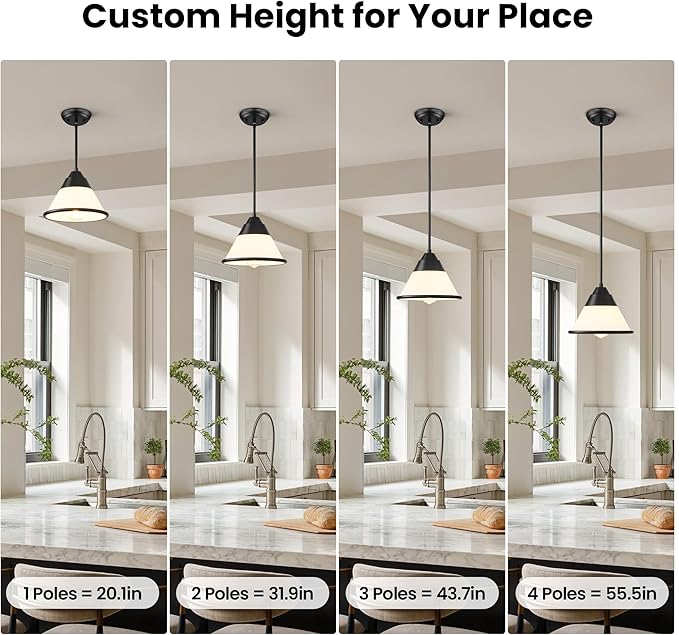 9.4" Black Pendant Light, Adjustable Hanging Light Fixture with Milk Glass Shade, Vintage Farmhouse Kitchen Island Lighting for Dining Room, Hallway, Entryway