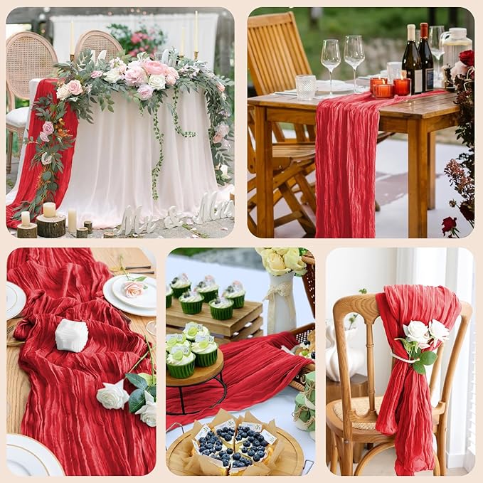 Table Runner Cheesecloth 10FT Red Boho Gauze Cheese Cloth Rustic Sheer Table Runners for Wedding Birthday Bridal Baby Shower Party Decoration