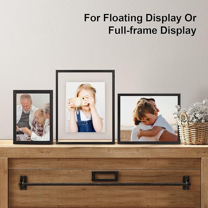 Egofine 6x8 Floating Frames Set of 2, Double Plexiglass Picture Frame, Made of Solid Wood Display Any Size Photo up to 6x8, Wall Mount or Tabletop Standing, Rustic Black