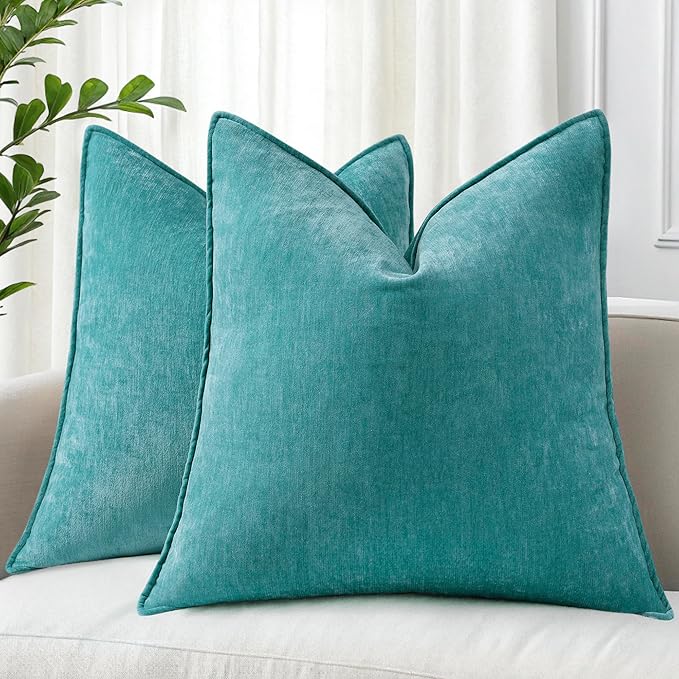 decorUhome Christmas Couch Throw Pillow Covers 16x16 Set of 2, Decorative Soft Euro Velvet Neutral Chenille Pillow Covers with Elegant Design for Sofa Bed Living Room Home Decor, Teal