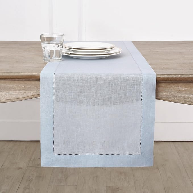 Solino Home Linen Light Blue Table Runner 60 Inches - Classic Hemstitch, 100% Pure Linen Coffee Table Runner 14 x 60 Inch Ideal for Dresser Tables, Spring, Easter