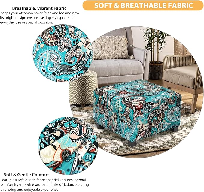 Large Ottoman Cover Square Slipcovers Printed,Stretch Footrest Stool Cover for Ottoman Square,Soft Foot Stool Cover Protector with Nonslip Elastic Bottom(Large,Peacock Blue)