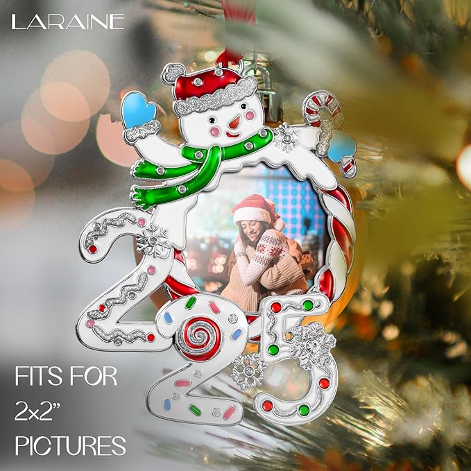 Laraine Christmas Tree Ornaments 3 Pieces – Decorative Hanging 2025 Pendant Snowman with 2.5” Picture Frame Insert for Family and Pet Holiday Keepsake Gift (White (2025))