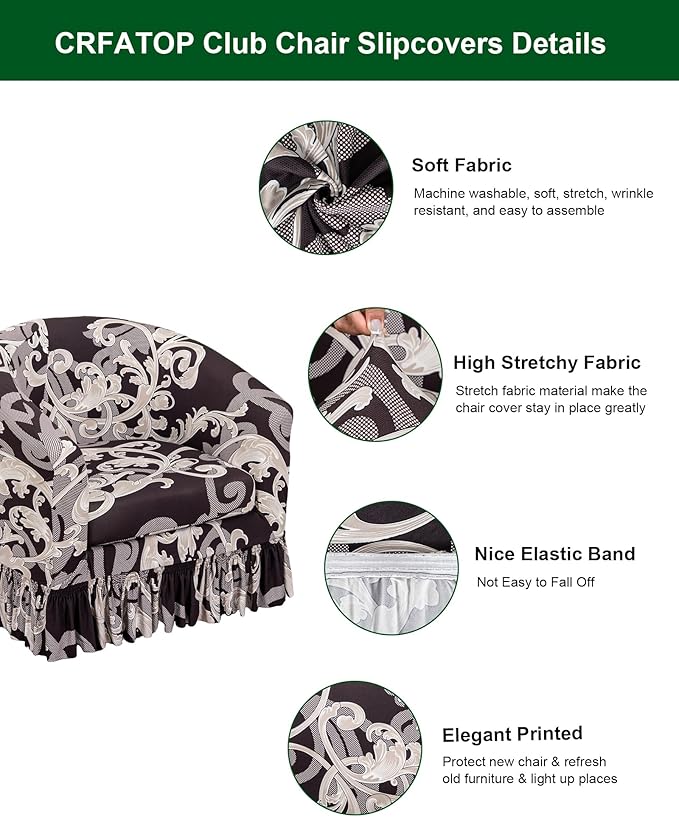 CRFATOP 2 Piece Club Chair Slipcover with Skirt Printed Tub Armchair Covers with Seat Cushion Cover Soft Printed Round Barrel Furniture Protector for Bar Counter Living Room,C08
