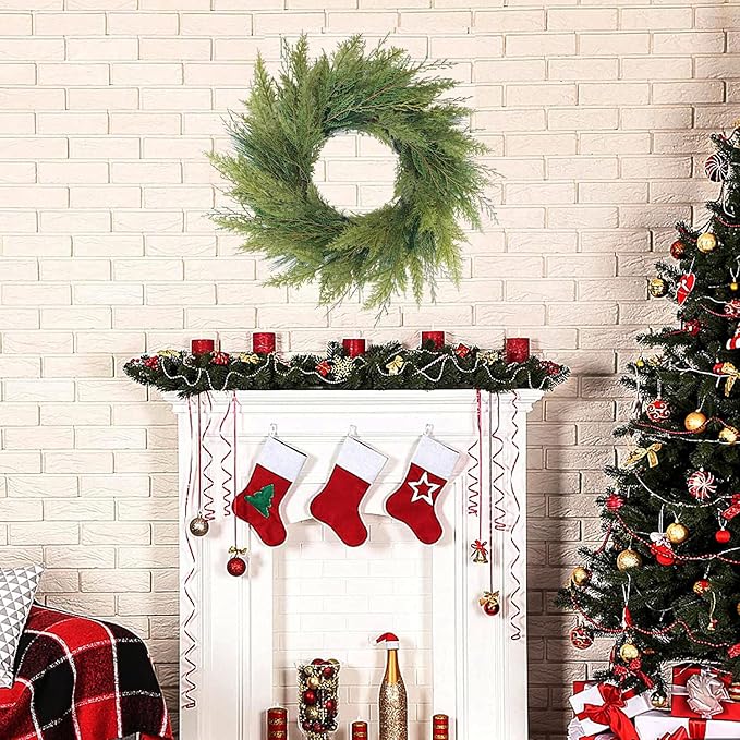 20” Green Faux Norfolk Pine Christmas Winter Wreath – Mixed with Real Touch Fake Cypress, Cedar & Spruce, Xmas Wreaths for Front Door Porch Mantel & Fireplace