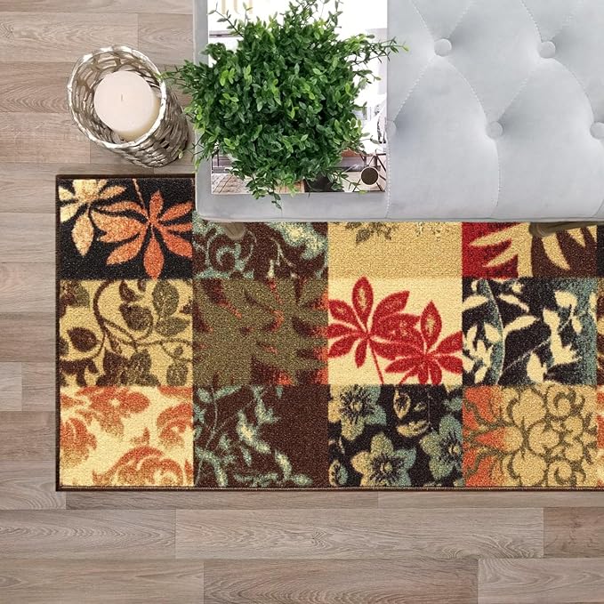 Kapaqua Custom Size Brown Floral Boxes Rubber Backed Non-Slip Hallway Stair Runner Rug Carpet 31 inch Wide Choose Your Length 31in X 12ft
