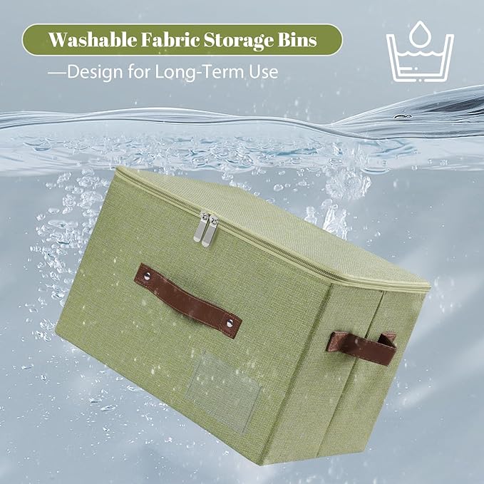 ANMINY 3PCS Storage Bins with Zipper Lid Storage Boxes with Label Holder PU Leather Handles Washable Foldable Decorative Lidded Cotton Linen Fabric Cubes Baskets Closet Organizer - Green, Large