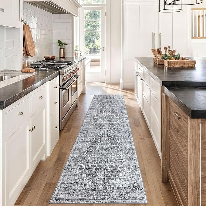 KUTA Runners for Hallways 2x8 Grey Blue White, Vintage Floral Kitchen Rugs Non-Slip Washable Ultra Soft Printed Retro Flower Carpet Entryway Runners for Bedroom Living Room