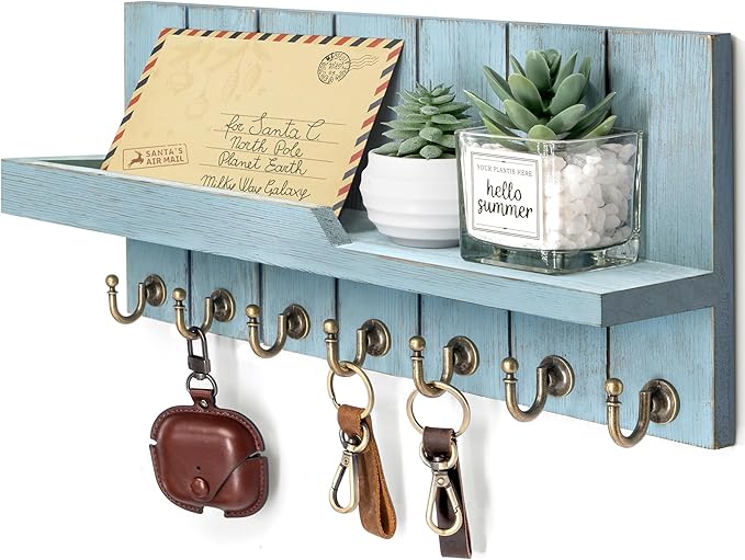 Rebee Vision Decorative Key Holder Wall Mount - Modern Farmhouse Key and Mail Holder for Wall with Shelf and 7 Key Hooks for Mail Organizer - Mid Century Aesthetic Room Decor (Distressed Blue,15-inch)