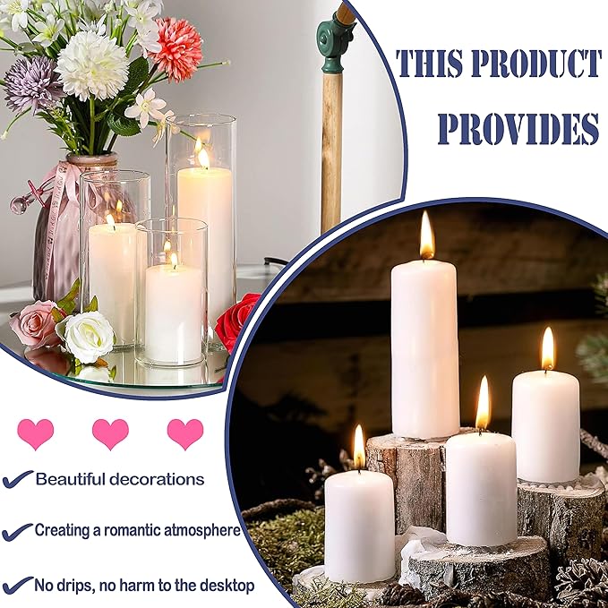 18 Pcs White Pillar Candles Bulk Set，2x3 2x6 2x8 Inch - 12 Each Size，Hurricane Candles，Dripless Unscented Smokeless，Gives You a Better Atmosphere When Organizing an Event Party.